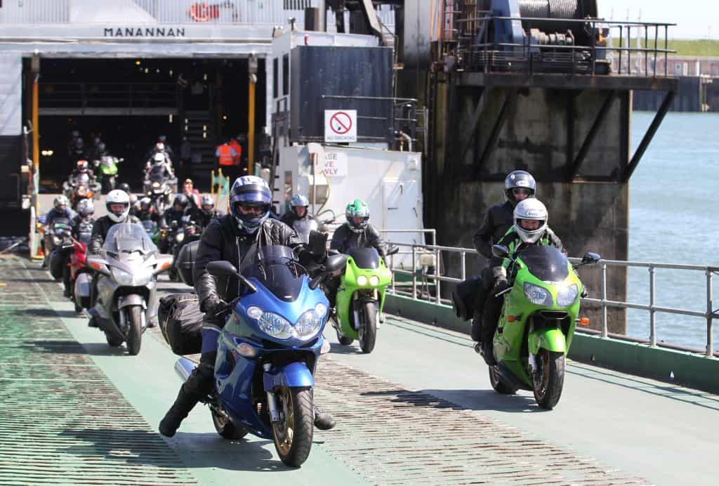 Motorcycles departing the ferry at TT
